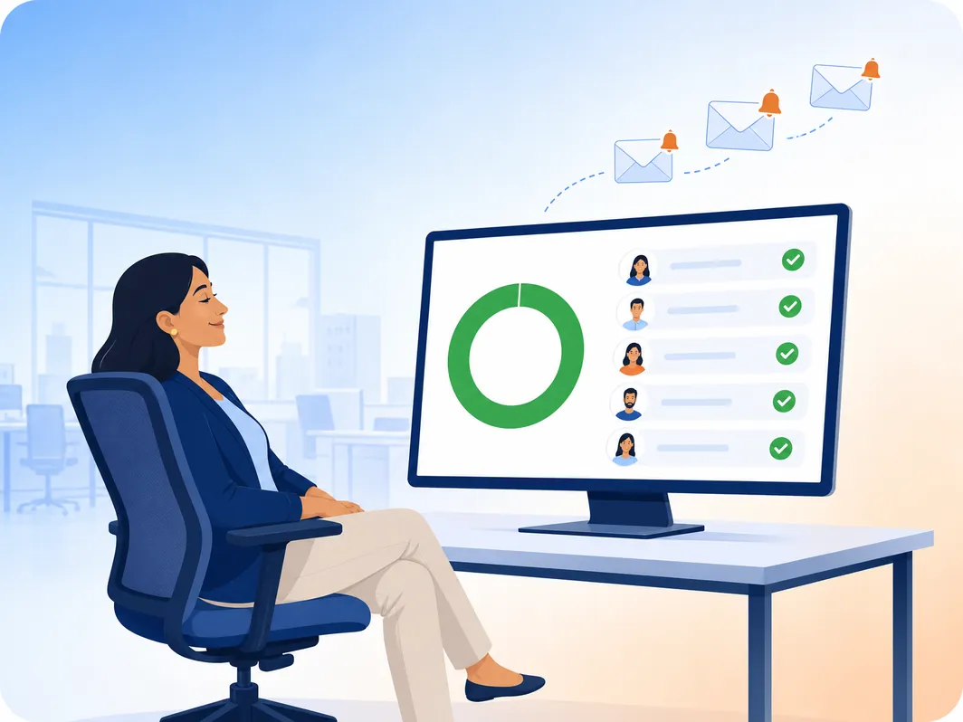 HR manager relaxing while her dashboard shows completed training and reminders going out automatically